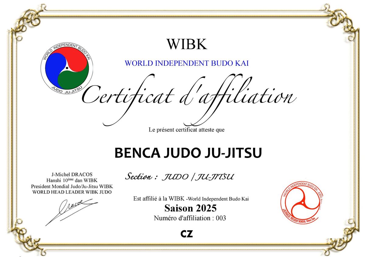 WIBK certificate - Benca Judo Ju-jitsu, season 2025